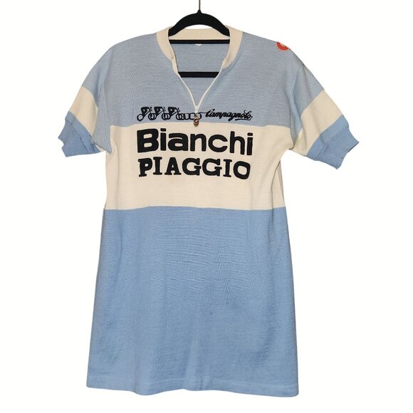 Vintage Wool Bianchi Piaggio Blue & White Cycling Jersey Back Pockets Size 6 - Picture 1 of 10